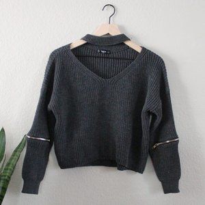 Shein Choker Croped Zip Sleeves Sweater